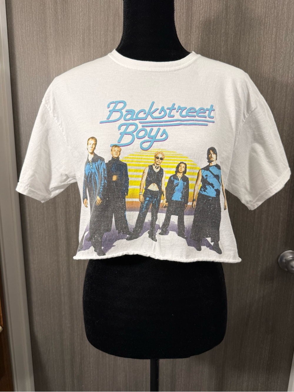 White Backstreet Boys Graphic Crop Top with Blue and Yellow Print